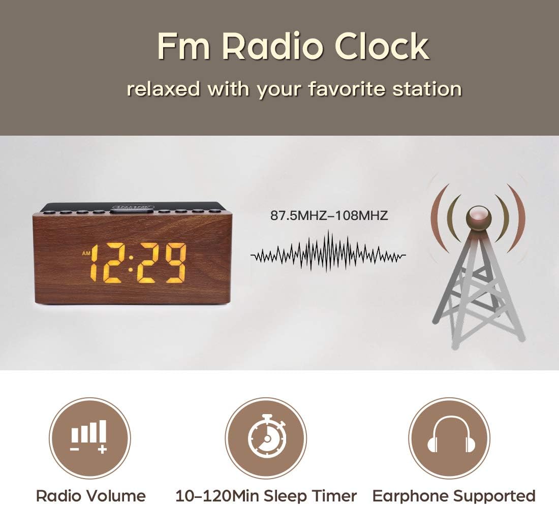 Wooden Digital Alarm Clock FM Radio,10W Fast Wireless Charger Station