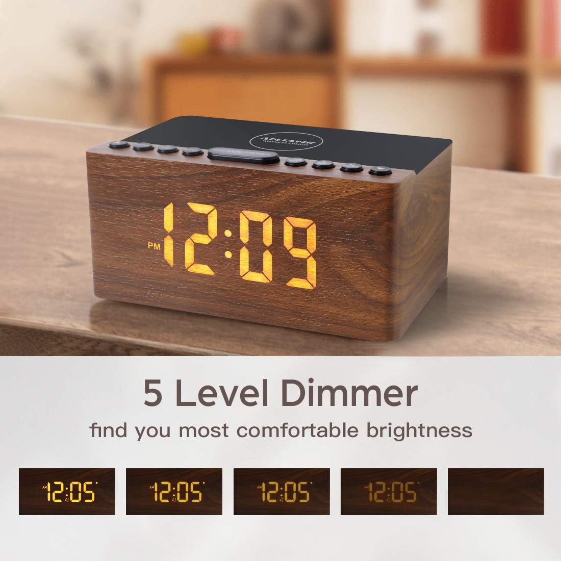 Wooden Digital Alarm Clock FM Radio,10W Fast Wireless Charger Station