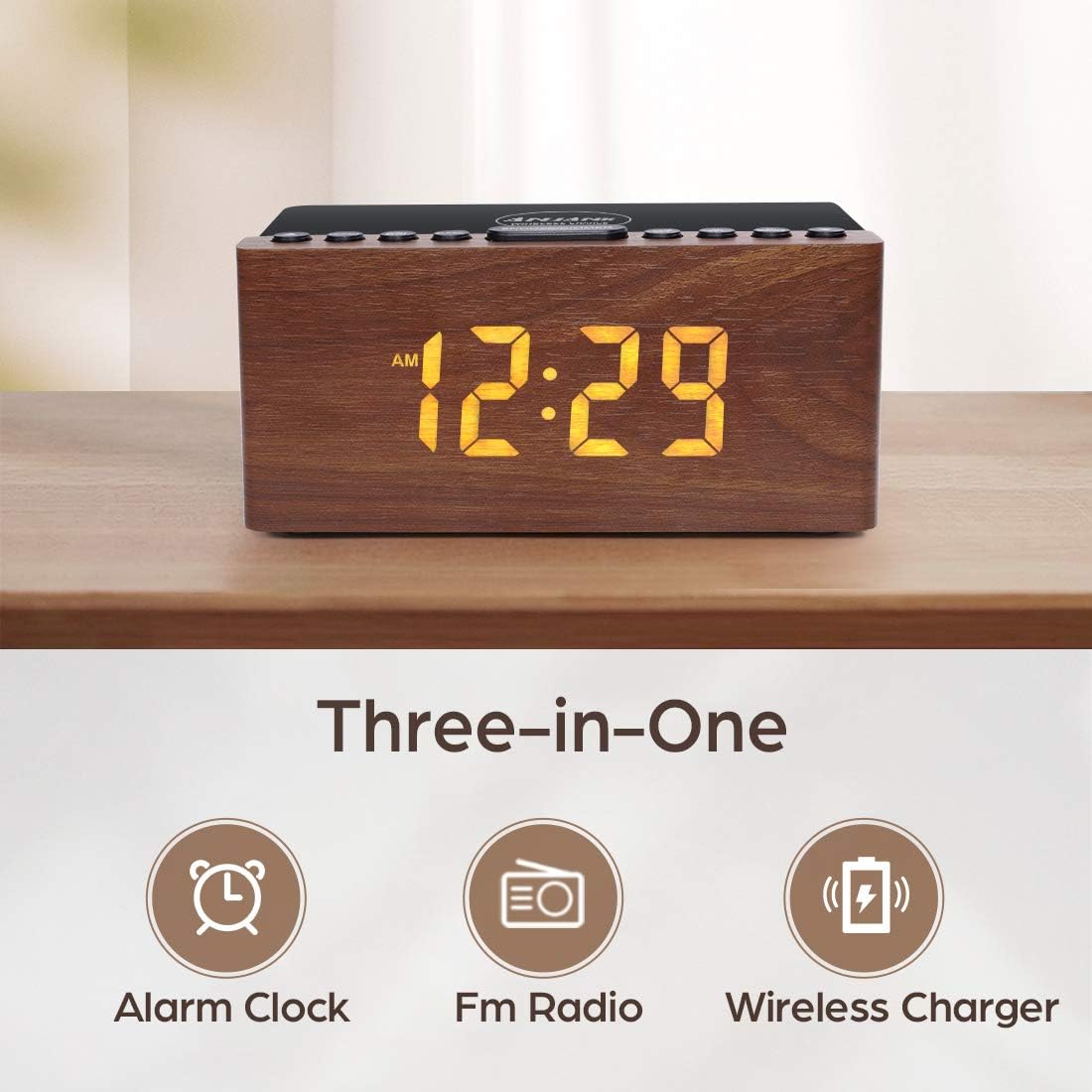 Wooden Digital Alarm Clock FM Radio,10W Fast Wireless Charger Station