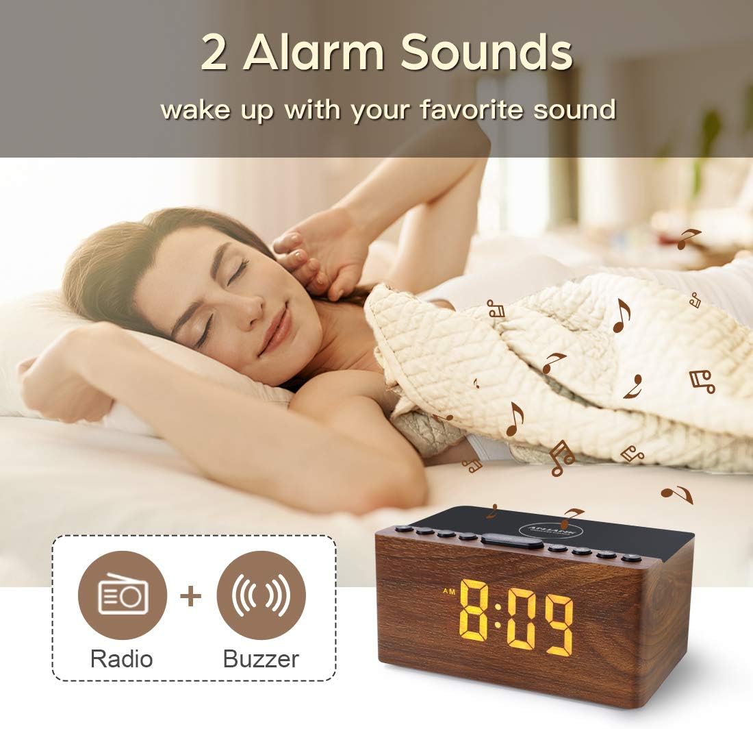 Wooden Digital Alarm Clock FM Radio,10W Fast Wireless Charger Station