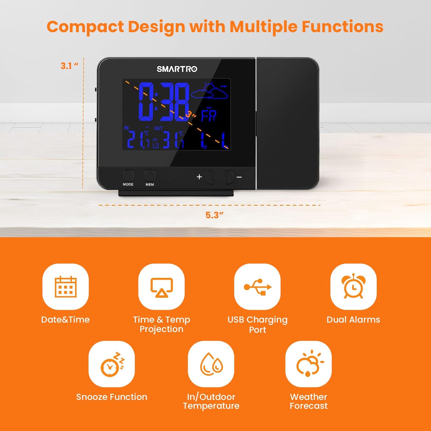 Digital Projection Alarm Clock with Weather Station