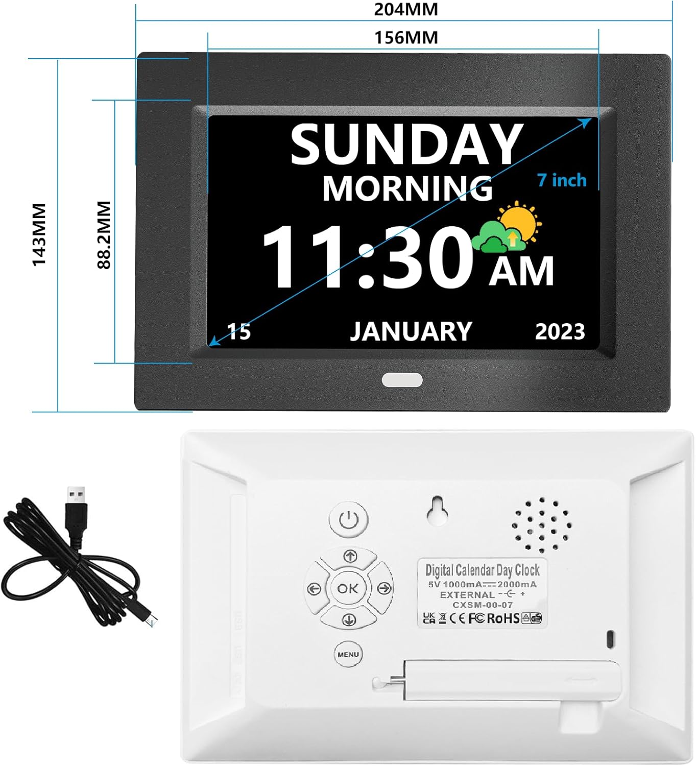 7 Inch Clock with Day and Date for Elderly Large Display Digital Clock