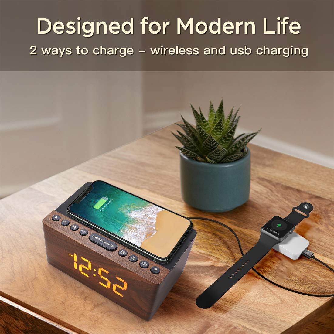 Wooden Digital Alarm Clock FM Radio,10W Fast Wireless Charger Station