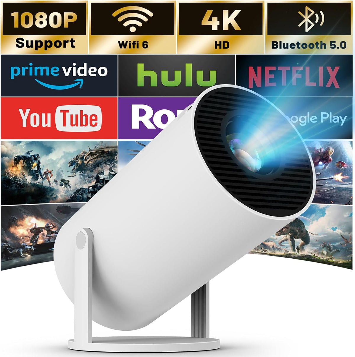 Mini Projector with WIFI 6 and Bluetooth, 4K 1080P Support Portable Projector