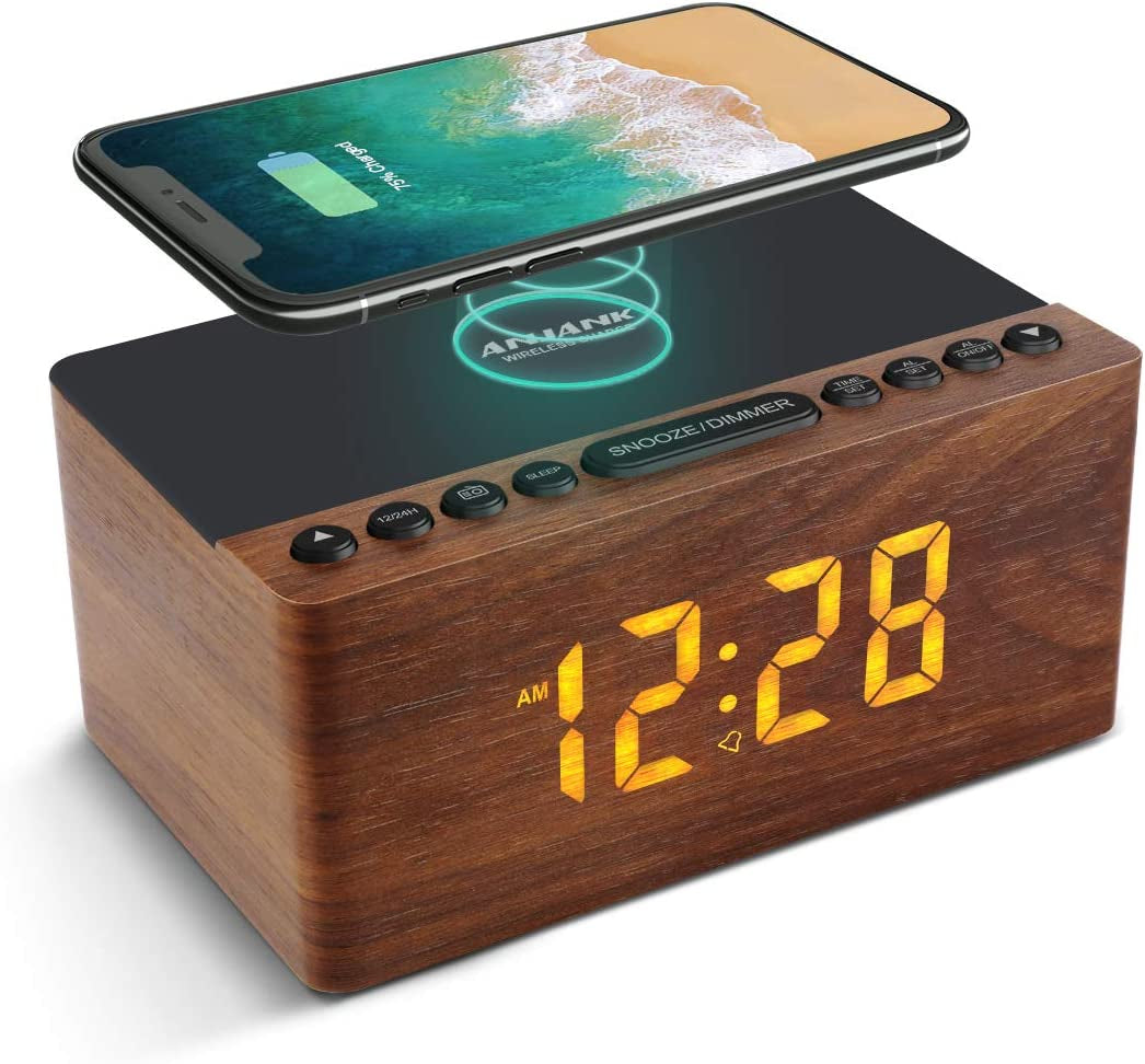 Wooden Digital Alarm Clock FM Radio,10W Fast Wireless Charger Station