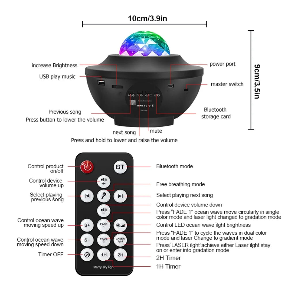 Starry Galaxy Night Light Projector with Bluetooth & USB Music